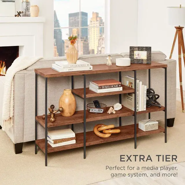Alt view image 5 of 7 - Best Choice Products Large Console Table, 4-Tier 55in Rustic, Industrial Sofa Table Storage for Living Room, Entryway, Foyer, Hallway w/EVA Non-Scratch Feet, Steel Frame - Brown