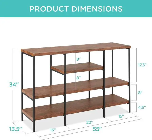 Alt view image 7 of 7 - Best Choice Products Large Console Table, 4-Tier 55in Rustic, Industrial Sofa Table Storage for Living Room, Entryway, Foyer, Hallway w/EVA Non-Scratch Feet, Steel Frame - Brown