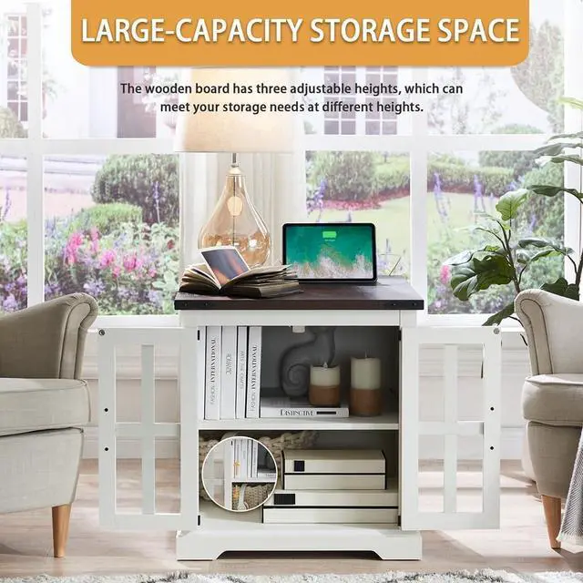 Alt view image 4 of 6 - Farmhouse End Table with Charging Station,24" Large Sofa Side Table with Glass Barn Door, Rustic Wood Nightstand Bedside Table with Adjustable Storage Shelf for Living Room, Bedroom,White