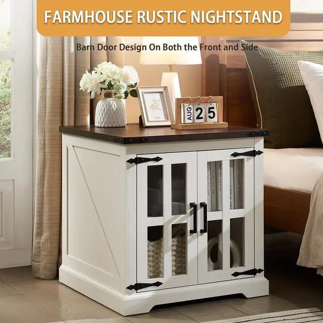 Alt view image 5 of 6 - Farmhouse End Table with Charging Station,24" Large Sofa Side Table with Glass Barn Door, Rustic Wood Nightstand Bedside Table with Adjustable Storage Shelf for Living Room, Bedroom,White