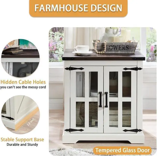 Alt view image 6 of 6 - Farmhouse End Table with Charging Station,24" Large Sofa Side Table with Glass Barn Door, Rustic Wood Nightstand Bedside Table with Adjustable Storage Shelf for Living Room, Bedroom,White