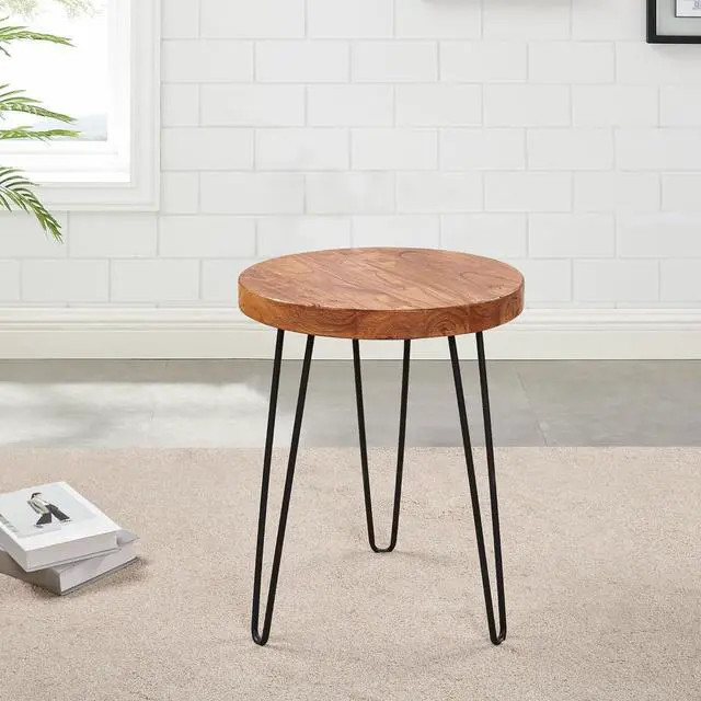 Alt view image 4 of 7 - Elm Solid Wood Side Table 15.6" x 15.6" x 20.8"H Round Accent Vintage Coffee End Tables Rustic Plant Stands Living Room Patio Bedroom Nightstand