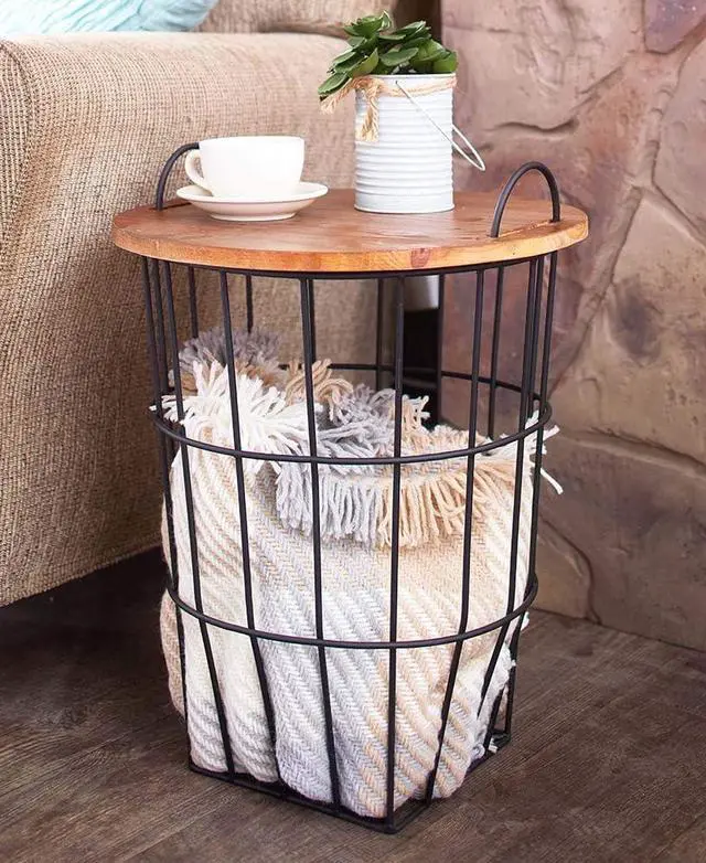 Main image of Wood Top Storage Basket Side Table 17" Dia. x 22-1/2"H