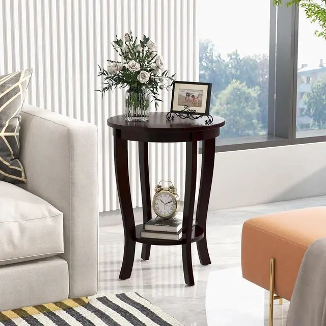 Alt view image 2 of 7 - GOFLAME 2-Tier Round End Table, 18 Sofa Side Table with Storage Shelf, Floor Tea Table with Solid Wood Legs, Compact Nightstand for Small Space, Living Room, Bedroom, Espresso