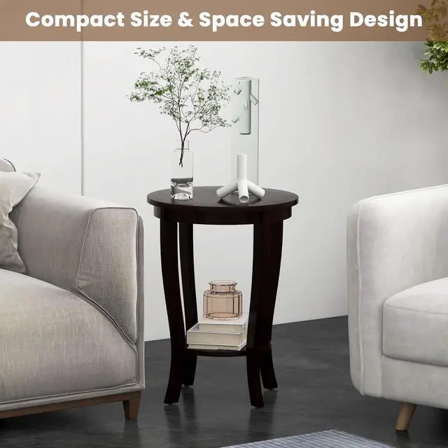 Alt view image 4 of 7 - GOFLAME 2-Tier Round End Table, 18 Sofa Side Table with Storage Shelf, Floor Tea Table with Solid Wood Legs, Compact Nightstand for Small Space, Living Room, Bedroom, Espresso