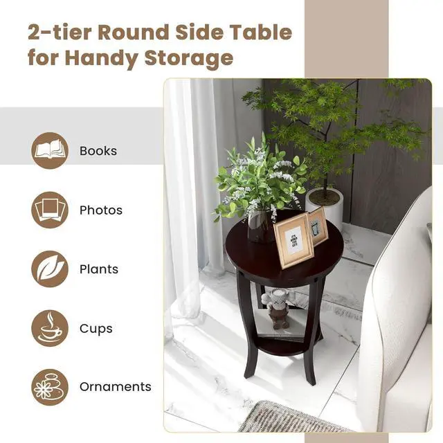 Alt view image 5 of 7 - GOFLAME 2-Tier Round End Table, 18 Sofa Side Table with Storage Shelf, Floor Tea Table with Solid Wood Legs, Compact Nightstand for Small Space, Living Room, Bedroom, Espresso