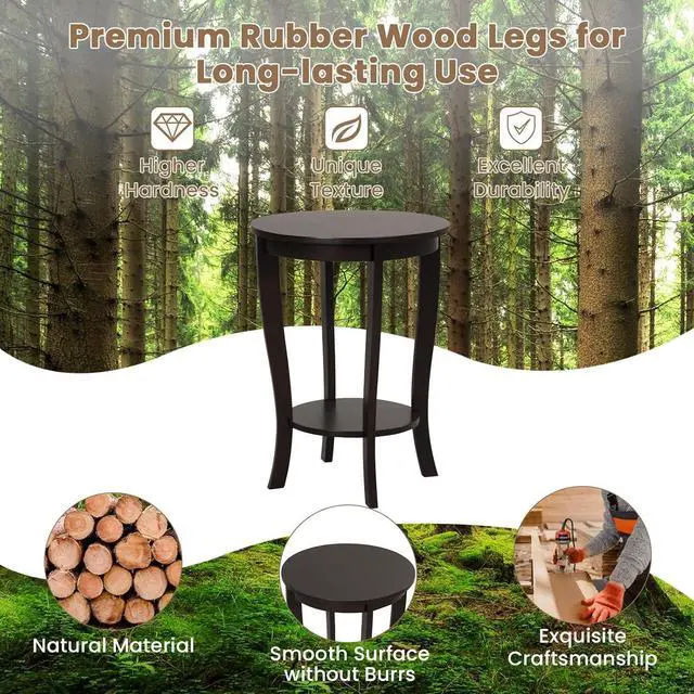 Alt view image 6 of 7 - GOFLAME 2-Tier Round End Table, 18 Sofa Side Table with Storage Shelf, Floor Tea Table with Solid Wood Legs, Compact Nightstand for Small Space, Living Room, Bedroom, Espresso