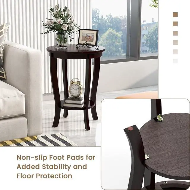 Alt view image 7 of 7 - GOFLAME 2-Tier Round End Table, 18 Sofa Side Table with Storage Shelf, Floor Tea Table with Solid Wood Legs, Compact Nightstand for Small Space, Living Room, Bedroom, Espresso