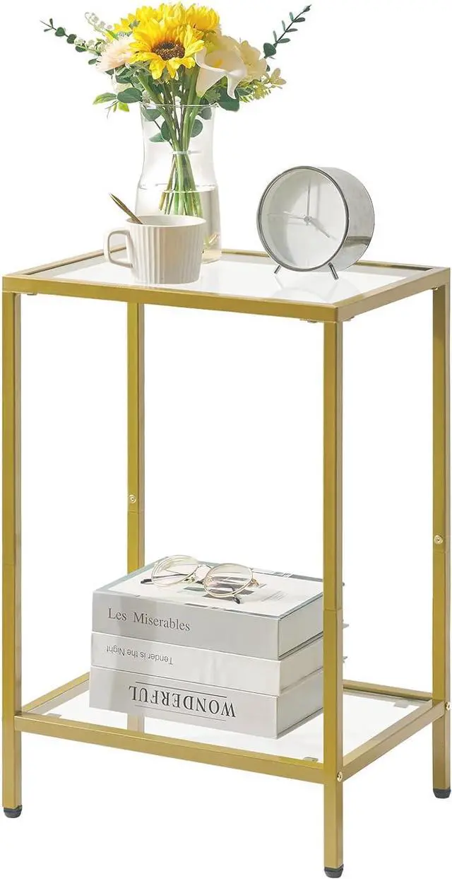 Main image of YMYNY Tempered Glass Side Table, 2 Tier End Table with Storage Shelves, Narrow Bedside Table, for Small Space in Living Room, Bedroom,Gold, UHGD002G