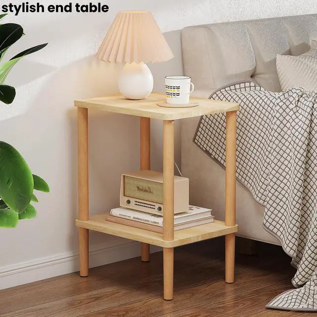 Alt view image 2 of 7 - LUCKNOCK Solid Wood Side Table, 2-Tier Boho End Table with Storage Shelf, Slim Nightstand Bedside Table for Small Spaces, Bedroom, Living Room, Farmhouse, No-Tool Assembly.