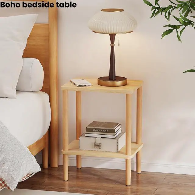Alt view image 4 of 7 - LUCKNOCK Solid Wood Side Table, 2-Tier Boho End Table with Storage Shelf, Slim Nightstand Bedside Table for Small Spaces, Bedroom, Living Room, Farmhouse, No-Tool Assembly.