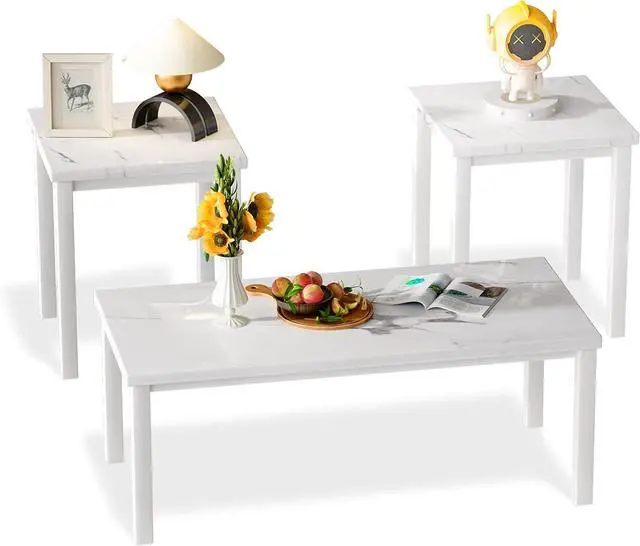 Main image of Hooseng 3 Piece Coffee Table Set, Faux Marble Tabletop Style with Black Metal Frame Sofa Side Tables Perfect for Living Room Accent Furniture,Includes Table & 2 End Tables, White