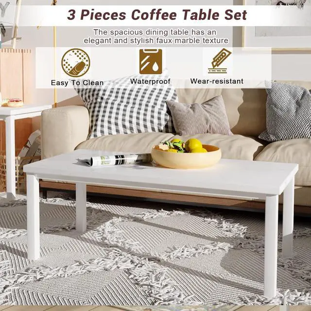 Alt view image 4 of 6 - Hooseng 3 Piece Coffee Table Set, Faux Marble Tabletop Style with Black Metal Frame Sofa Side Tables Perfect for Living Room Accent Furniture,Includes Table & 2 End Tables, White