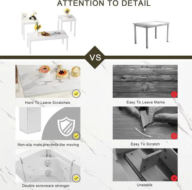 Alt view image 5 of 6 - Hooseng 3 Piece Coffee Table Set, Faux Marble Tabletop Style with Black Metal Frame Sofa Side Tables Perfect for Living Room Accent Furniture,Includes Table & 2 End Tables, White