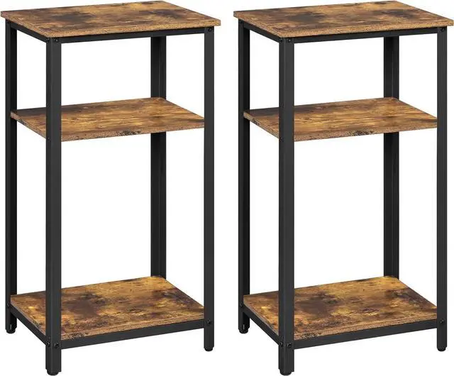 Main image of Yaheetech Tall End Table Set of 2, 16x12x29.5 inch Industrial Side Table with Strong Wooden Shelves, 2PCS Slim 3-Tier Telephone Table with Metal Frame for Living Room, Small Places - Rustic Brown