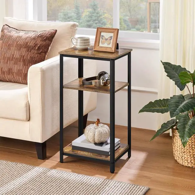 Alt view image 2 of 7 - Yaheetech Tall End Table Set of 2, 16x12x29.5 inch Industrial Side Table with Strong Wooden Shelves, 2PCS Slim 3-Tier Telephone Table with Metal Frame for Living Room, Small Places - Rustic Brown