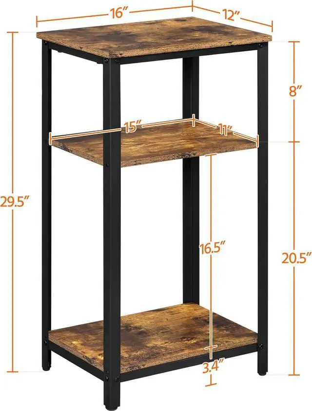Alt view image 4 of 7 - Yaheetech Tall End Table Set of 2, 16x12x29.5 inch Industrial Side Table with Strong Wooden Shelves, 2PCS Slim 3-Tier Telephone Table with Metal Frame for Living Room, Small Places - Rustic Brown