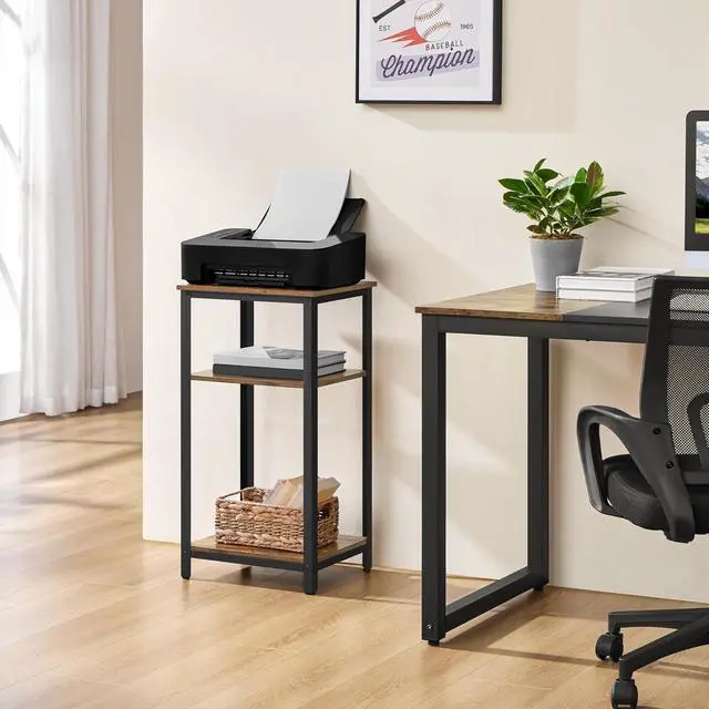 Alt view image 3 of 7 - Yaheetech Tall End Table Set of 2, 16x12x29.5 inch Industrial Side Table with Strong Wooden Shelves, 2PCS Slim 3-Tier Telephone Table with Metal Frame for Living Room, Small Places - Rustic Brown