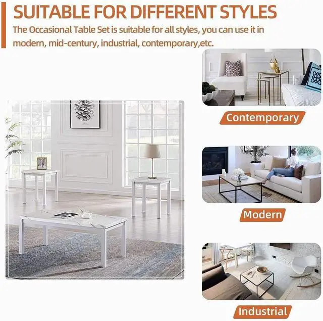 Alt view image 6 of 6 - Hooseng 3 Piece Coffee Table Set, Faux Marble Tabletop Style with Black Metal Frame Sofa Side Tables Perfect for Living Room Accent Furniture,Includes Table & 2 End Tables, White