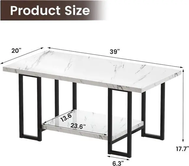 Alt view image 2 of 7 - Hooseng Coffee Table, Black Base for Living Room-Faux Marble Rectangle Tabletop, 2 Layers, 39.4''L 20''W 18''D