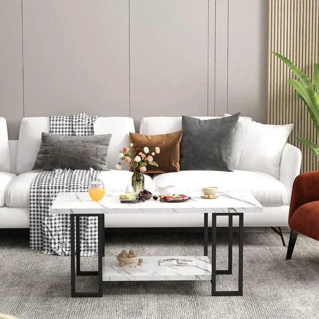 Alt view image 3 of 7 - Hooseng Coffee Table, Black Base for Living Room-Faux Marble Rectangle Tabletop, 2 Layers, 39.4''L 20''W 18''D