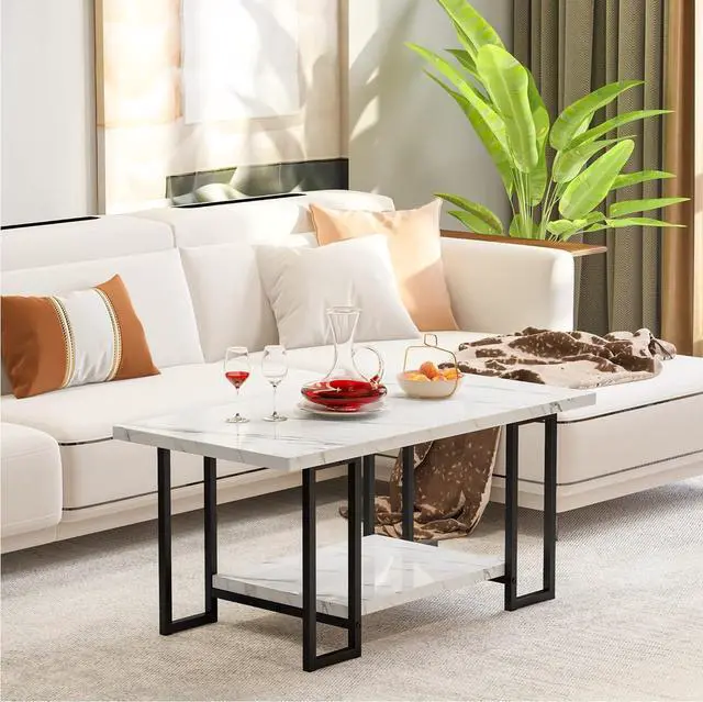 Alt view image 4 of 7 - Hooseng Coffee Table, Black Base for Living Room-Faux Marble Rectangle Tabletop, 2 Layers, 39.4''L 20''W 18''D