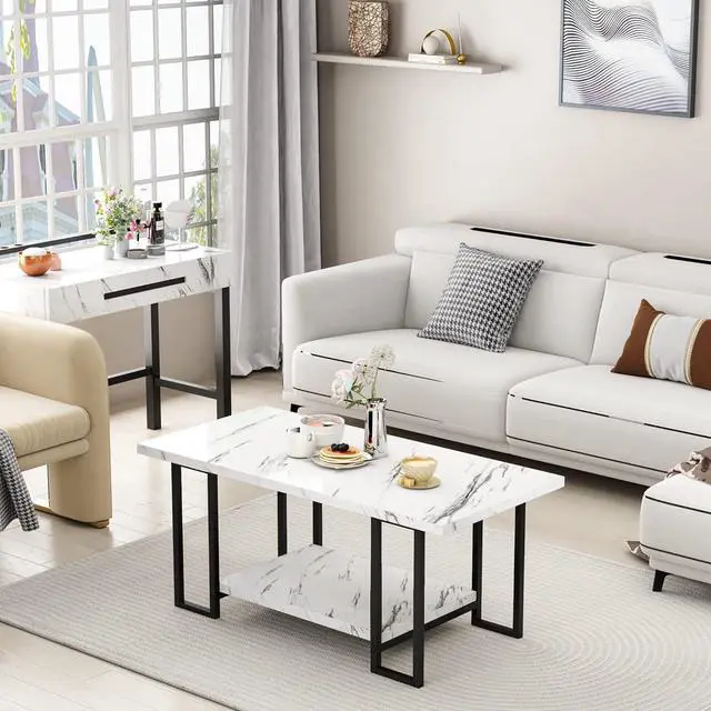 Alt view image 5 of 7 - Hooseng Coffee Table, Black Base for Living Room-Faux Marble Rectangle Tabletop, 2 Layers, 39.4''L 20''W 18''D