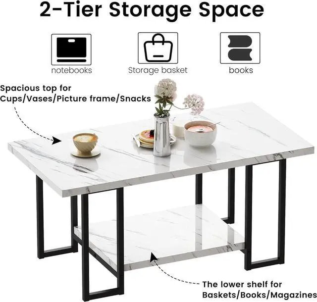 Alt view image 6 of 7 - Hooseng Coffee Table, Black Base for Living Room-Faux Marble Rectangle Tabletop, 2 Layers, 39.4''L 20''W 18''D