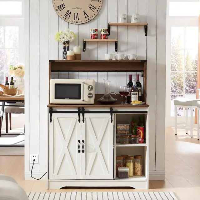 Alt view image 2 of 7 - Wnutrees Farmhouse Coffee Bar Cabinet with Charging Station and USB Ports, Sliding Barn Door, 43" Kitchen Hutch Sideboard Buffet Storage Cabinet, Fits Kitchen Dining Living Room, White