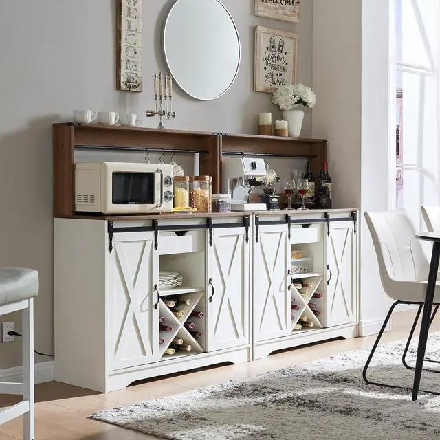 Alt view image 3 of 7 - Wnutrees Farmhouse Coffee Bar Cabinet with Charging Station and USB Ports, Sliding Barn Door, 43" Kitchen Hutch Sideboard Buffet Storage Cabinet, Fits Kitchen Dining Living Room, White