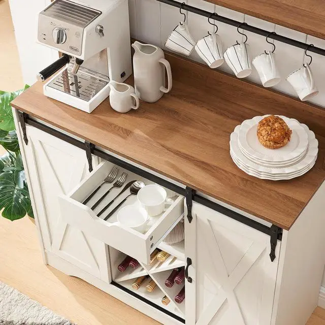 Alt view image 4 of 7 - Wnutrees Farmhouse Coffee Bar Cabinet with Charging Station and USB Ports, Sliding Barn Door, 43" Kitchen Hutch Sideboard Buffet Storage Cabinet, Fits Kitchen Dining Living Room, White