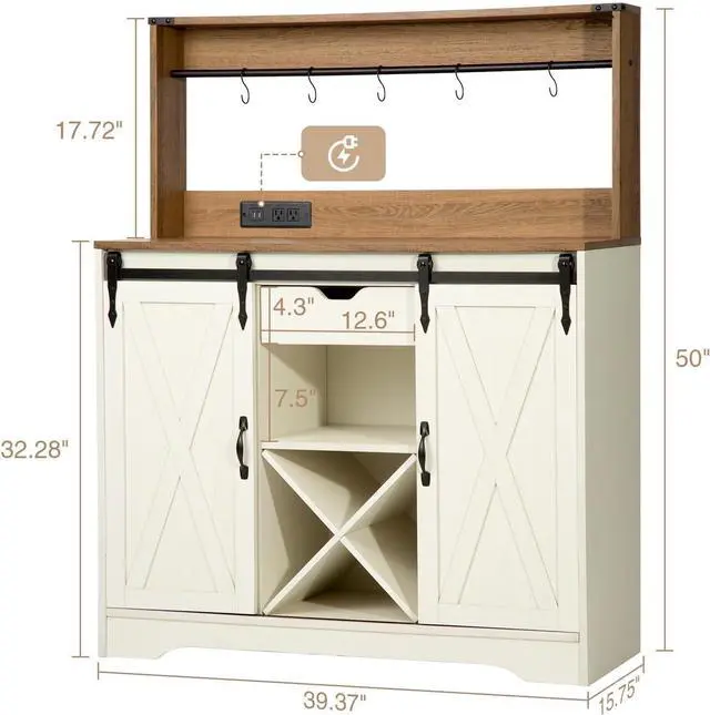 Alt view image 5 of 7 - Wnutrees Farmhouse Coffee Bar Cabinet with Charging Station and USB Ports, Sliding Barn Door, 43" Kitchen Hutch Sideboard Buffet Storage Cabinet, Fits Kitchen Dining Living Room, White