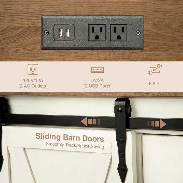 Alt view image 7 of 7 - Wnutrees Farmhouse Coffee Bar Cabinet with Charging Station and USB Ports, Sliding Barn Door, 43" Kitchen Hutch Sideboard Buffet Storage Cabinet, Fits Kitchen Dining Living Room, White