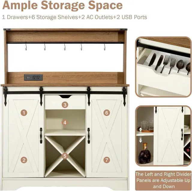 Alt view image 6 of 7 - Wnutrees Farmhouse Coffee Bar Cabinet with Charging Station and USB Ports, Sliding Barn Door, 43" Kitchen Hutch Sideboard Buffet Storage Cabinet, Fits Kitchen Dining Living Room, White