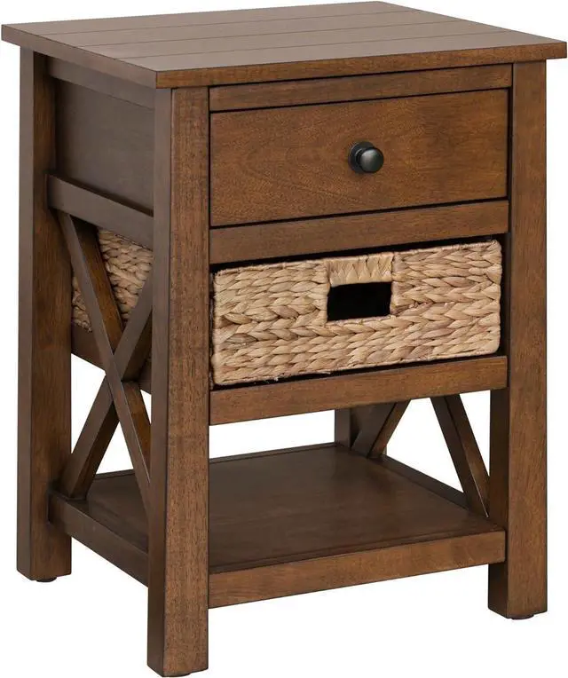 Main image of eHemco X-Side Nightstand End Table Side Table with Drawer, 2 Storage Shelves and Wicker Basket, Coffee