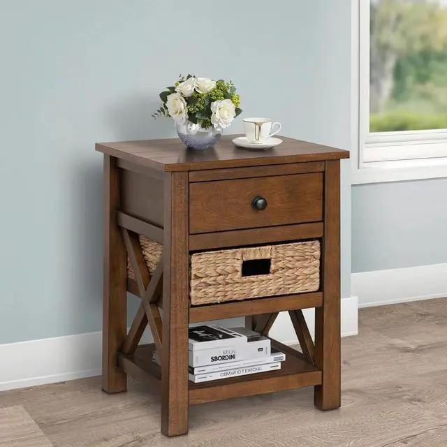 Alt view image 2 of 7 - eHemco X-Side Nightstand End Table Side Table with Drawer, 2 Storage Shelves and Wicker Basket, Coffee