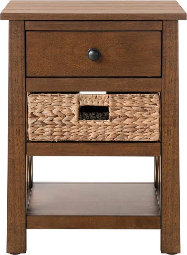 Alt view image 4 of 7 - eHemco X-Side Nightstand End Table Side Table with Drawer, 2 Storage Shelves and Wicker Basket, Coffee