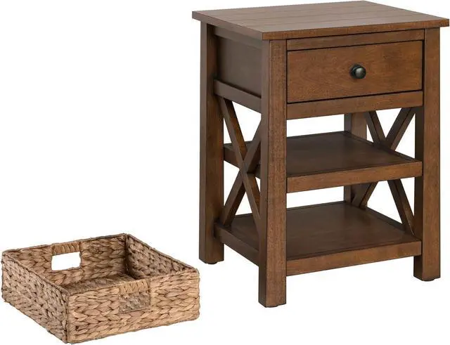 Alt view image 5 of 7 - eHemco X-Side Nightstand End Table Side Table with Drawer, 2 Storage Shelves and Wicker Basket, Coffee