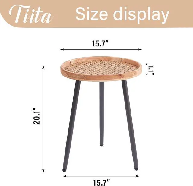 Alt view image 3 of 7 - Tiita Rattan Round End Table Mental Side Table Nightstand/Small Wood Tables Accent Coffee Table with Wooden Tray for Living Room Bedroom Office Small Space