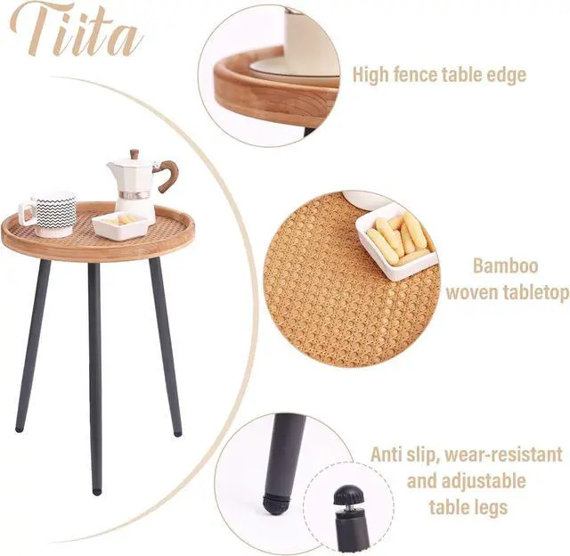Alt view image 4 of 7 - Tiita Rattan Round End Table Mental Side Table Nightstand/Small Wood Tables Accent Coffee Table with Wooden Tray for Living Room Bedroom Office Small Space