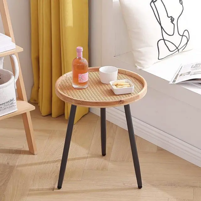 Alt view image 6 of 7 - Tiita Rattan Round End Table Mental Side Table Nightstand/Small Wood Tables Accent Coffee Table with Wooden Tray for Living Room Bedroom Office Small Space