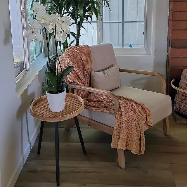 Alt view image 7 of 7 - Tiita Rattan Round End Table Mental Side Table Nightstand/Small Wood Tables Accent Coffee Table with Wooden Tray for Living Room Bedroom Office Small Space