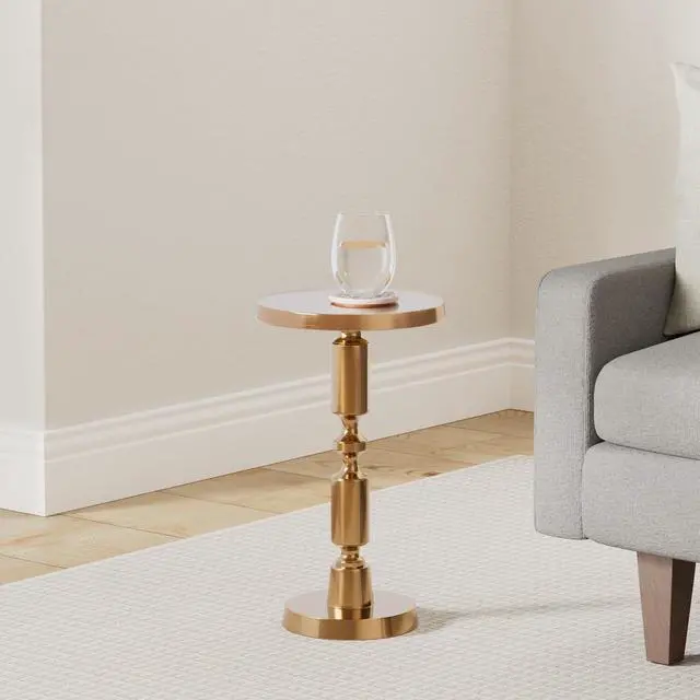 Alt view image 2 of 7 - Small Round Gold Side Table by Objet DArt, Rhodes, Accent, End, Pedestal, Martini, Cocktail and Drink Table for Living Room and Small Spaces, Vintage Metal Brass Style Decor, 21 Height