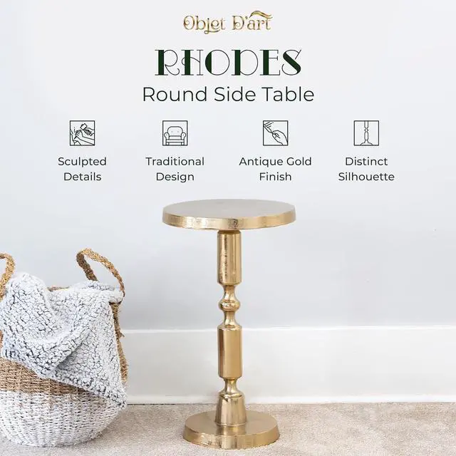 Alt view image 4 of 7 - Small Round Gold Side Table by Objet DArt, Rhodes, Accent, End, Pedestal, Martini, Cocktail and Drink Table for Living Room and Small Spaces, Vintage Metal Brass Style Decor, 21 Height