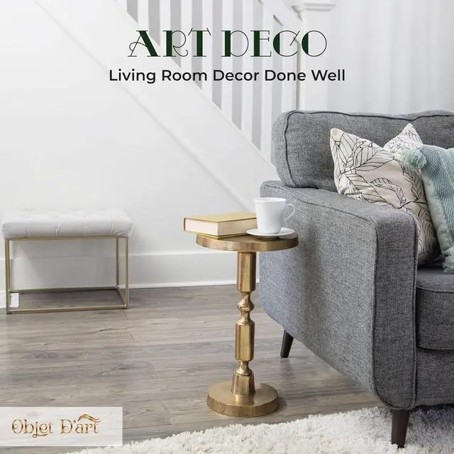 Alt view image 6 of 7 - Small Round Gold Side Table by Objet DArt, Rhodes, Accent, End, Pedestal, Martini, Cocktail and Drink Table for Living Room and Small Spaces, Vintage Metal Brass Style Decor, 21 Height