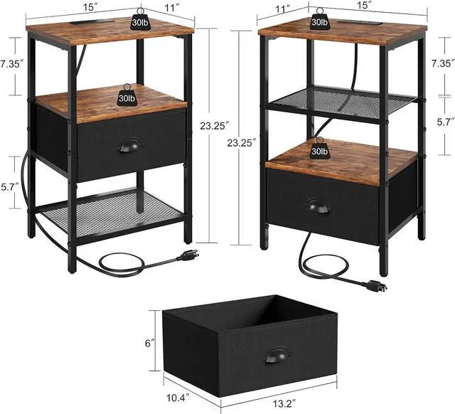 Alt view image 3 of 7 - Sthmec Nightstands Set of 2, LED Bedside Tables with Charging Station and Fabric Drawer, Night Stand with Storage, 3 Tier Side Table with Open Shelf, LED Nightstands with Charging Station,Rustic Brown