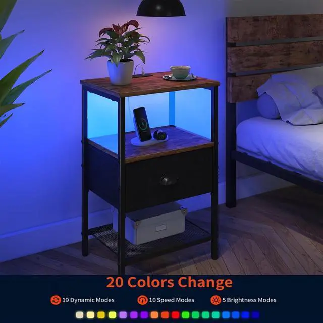 Alt view image 7 of 7 - Sthmec Nightstands Set of 2, LED Bedside Tables with Charging Station and Fabric Drawer, Night Stand with Storage, 3 Tier Side Table with Open Shelf, LED Nightstands with Charging Station,Rustic Brown