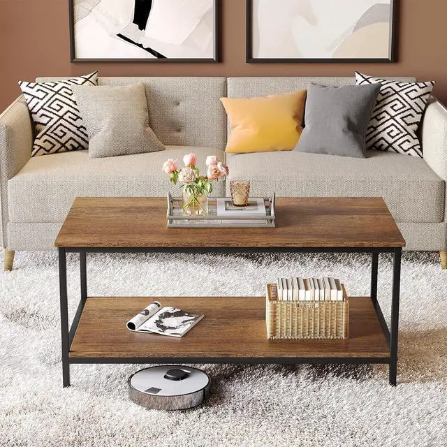 Alt view image 2 of 7 - SAYGOER Coffee Table with Storage 2-Tier Industrial Center Table for Living Room, Rectangle Wood Table for Small Spaces Apartment Home Office, Walnut