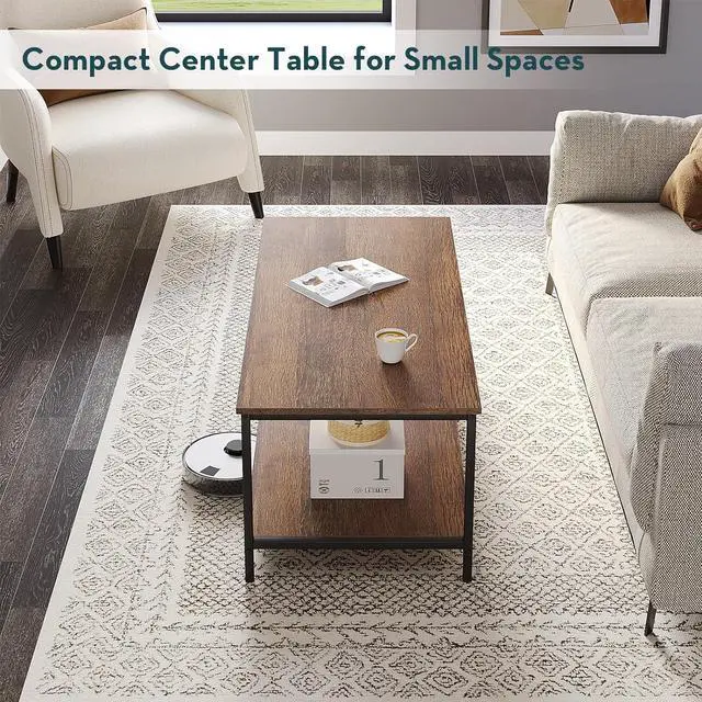 Alt view image 4 of 7 - SAYGOER Coffee Table with Storage 2-Tier Industrial Center Table for Living Room, Rectangle Wood Table for Small Spaces Apartment Home Office, Walnut