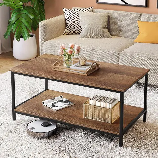 Alt view image 7 of 7 - SAYGOER Coffee Table with Storage 2-Tier Industrial Center Table for Living Room, Rectangle Wood Table for Small Spaces Apartment Home Office, Walnut